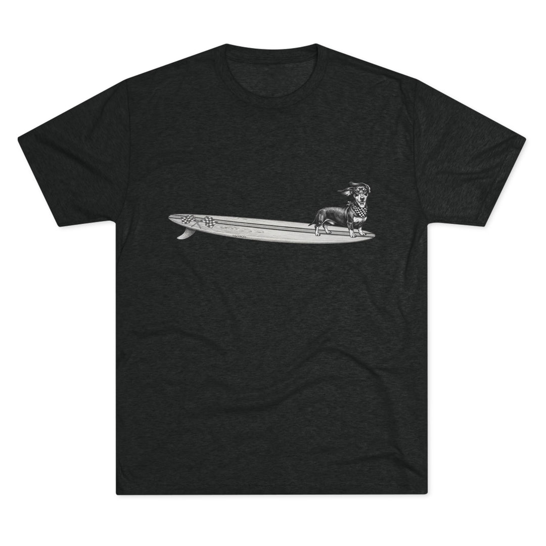 Black t-shirt with vintage Dachshund wearing a checkered racing flag bandana on a wood grain racing flag surfboard line drawing — The Swell Dogs