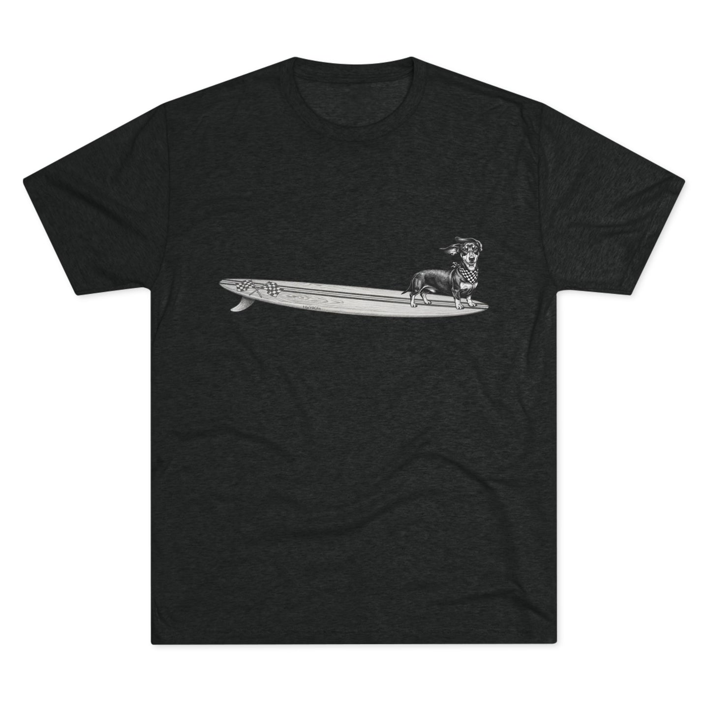 Black t-shirt with vintage Dachshund wearing a checkered racing flag bandana on a wood grain racing flag surfboard line drawing — The Swell Dogs