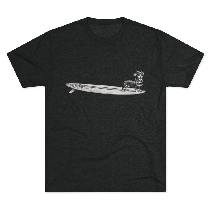 Black t-shirt with vintage Dachshund wearing a checkered racing flag bandana on a wood grain racing flag surfboard line drawing — The Swell Dogs