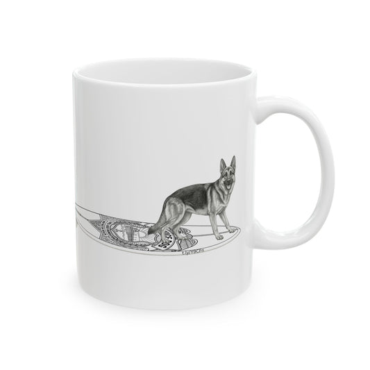 White mug with a erman Shepherd dog on a service dog long surfboard.