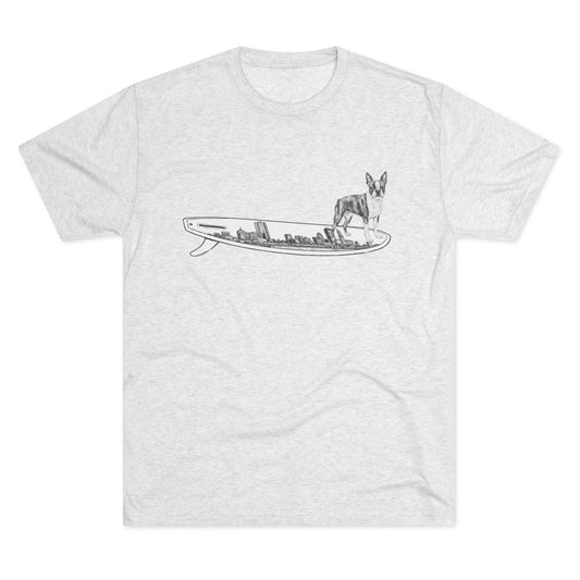 White tshirt with a Boston Terrier dog hanging twenty on a Boston cityscape surfboard.