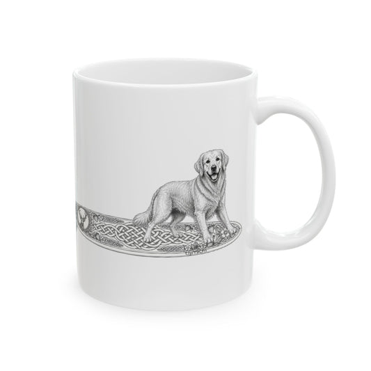 White mug with a white Golden Retriever dog on a surfboard with a irish knot graphic on it.