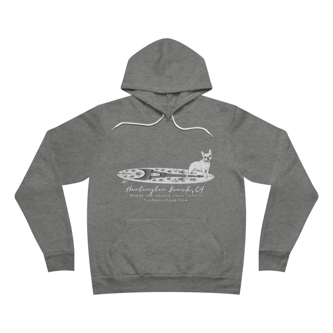 Grey pullover hoodie featuring a French Bulldog standing on a French surfboard with "Huntington Beach, CA" text