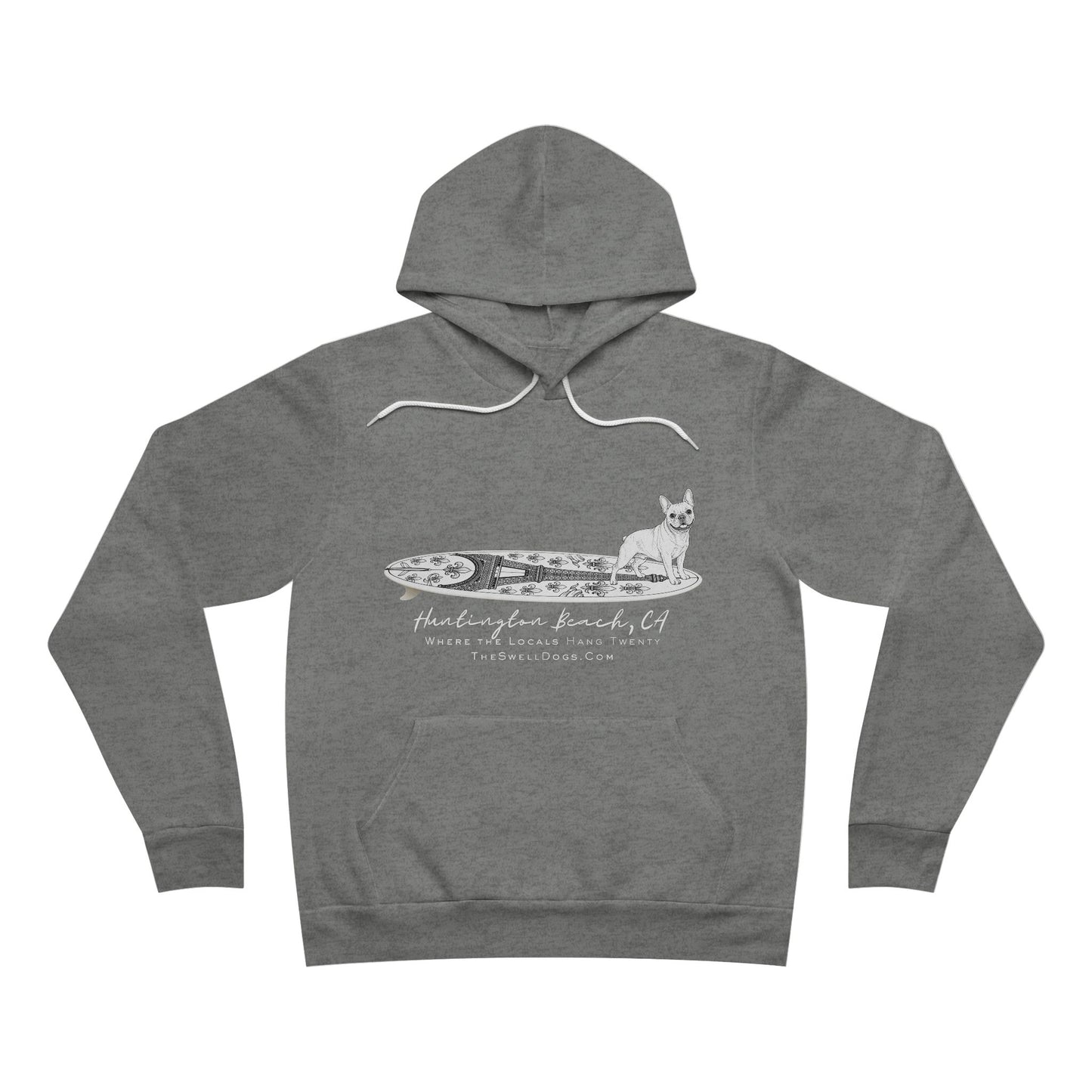 Grey pullover hoodie featuring a French Bulldog standing on a French surfboard with "Huntington Beach, CA" text