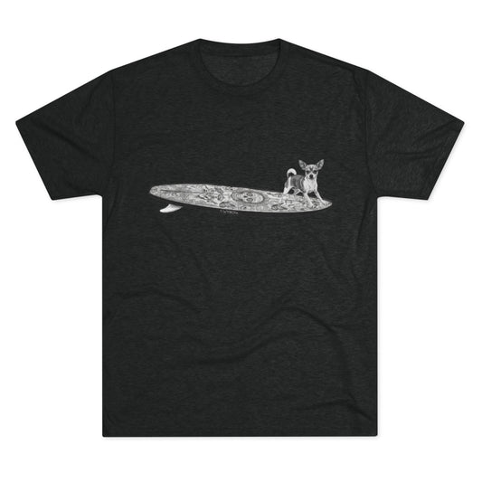 Black tshirt with a Chihuahua on a Dia de los Muertos style longboard.