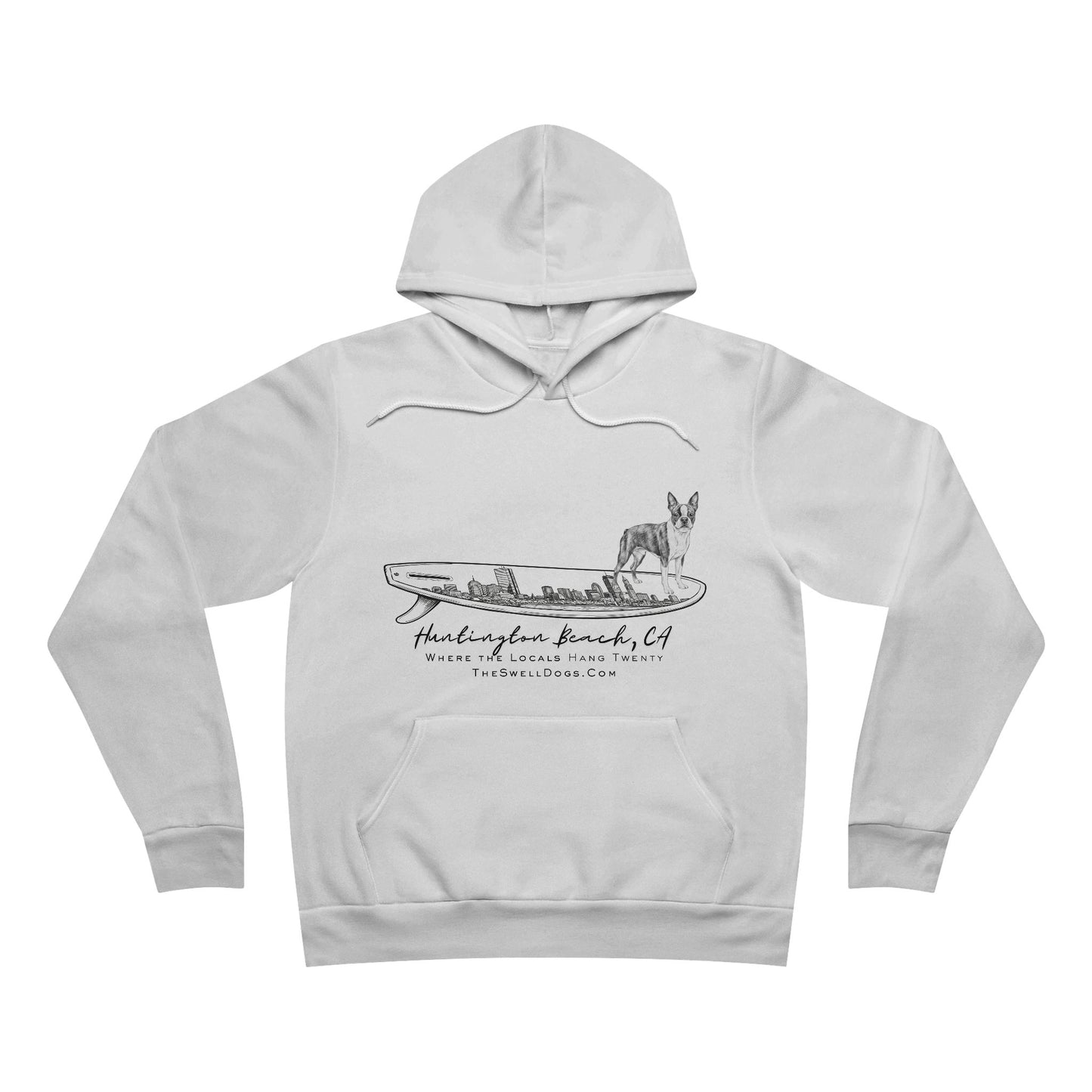 White pullover hoodie featuring a Boston Terrier dog standing on a Boston surfboard with "Huntington Beach, CA" text