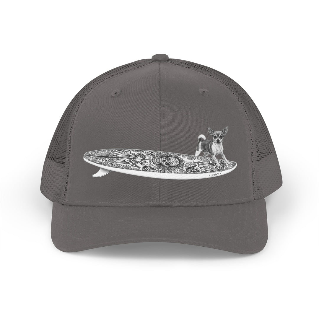 Gray trucker hat with a Chihuahua surfing on a Day of the Dead surfboard. 