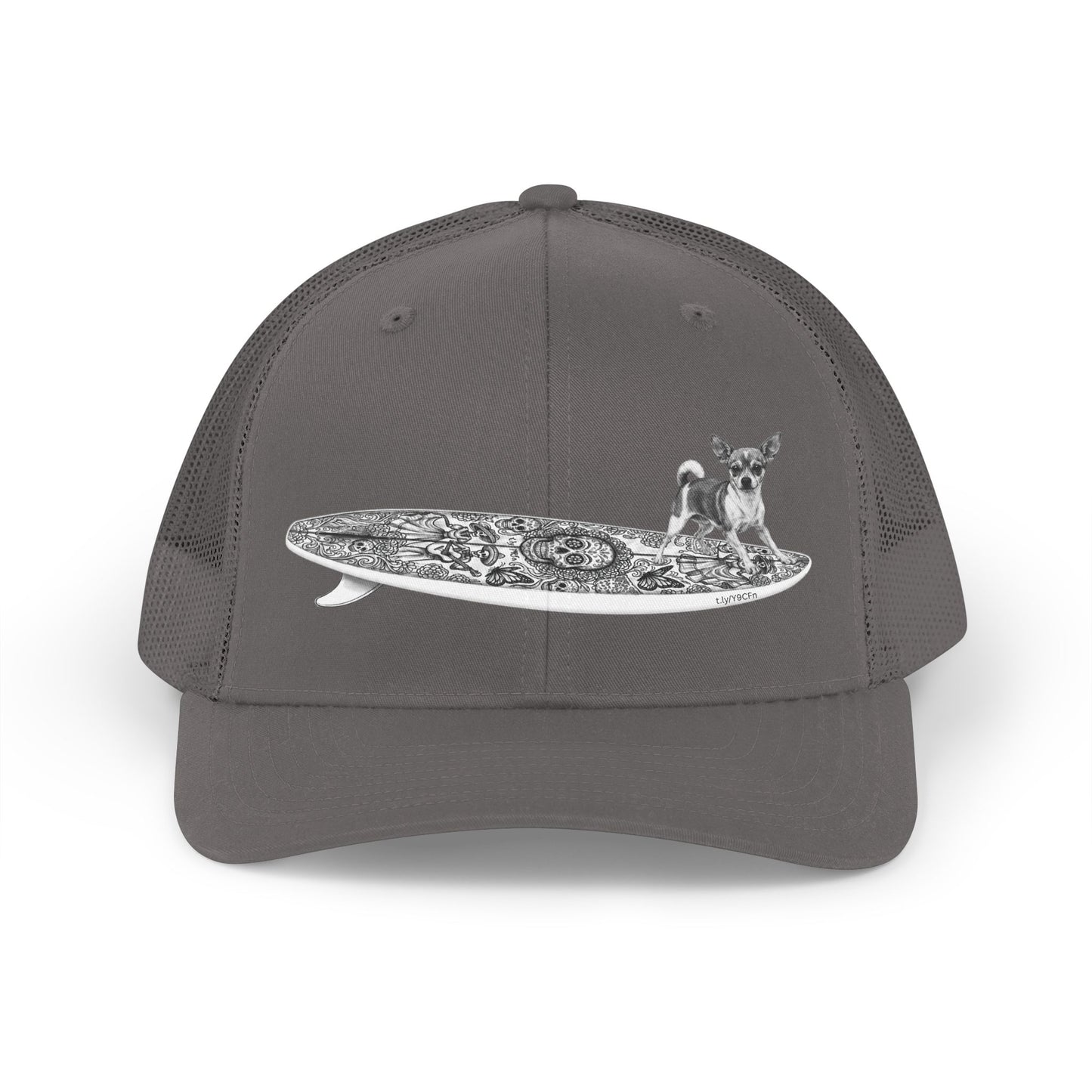 Gray trucker hat with a Chihuahua surfing on a Day of the Dead surfboard. 