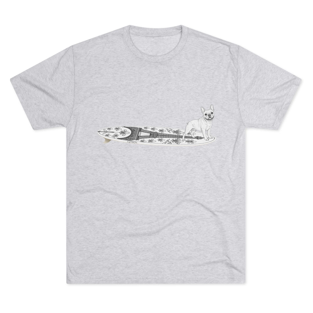 White French Bulldog Eiffel Tower surf tee worn at the beach — dog lover gift for French Bulldog owners