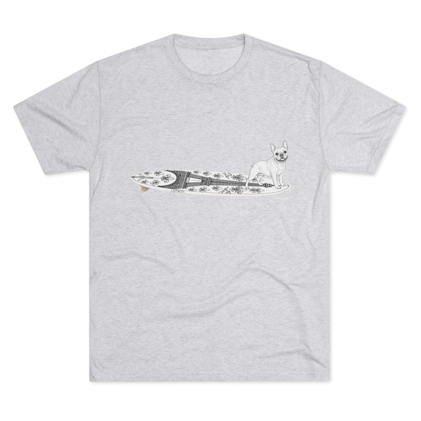 White French Bulldog Eiffel Tower surf tee worn at the beach — dog lover gift for French Bulldog owners