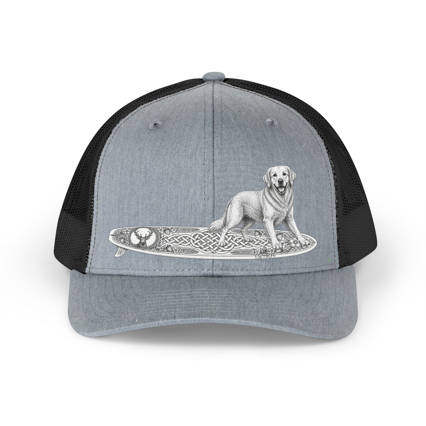 Gray and black trucker hat with a Golden Retriever riding a long surfboard with keltic knots and embellishments.cap with a dog on a surfboard design