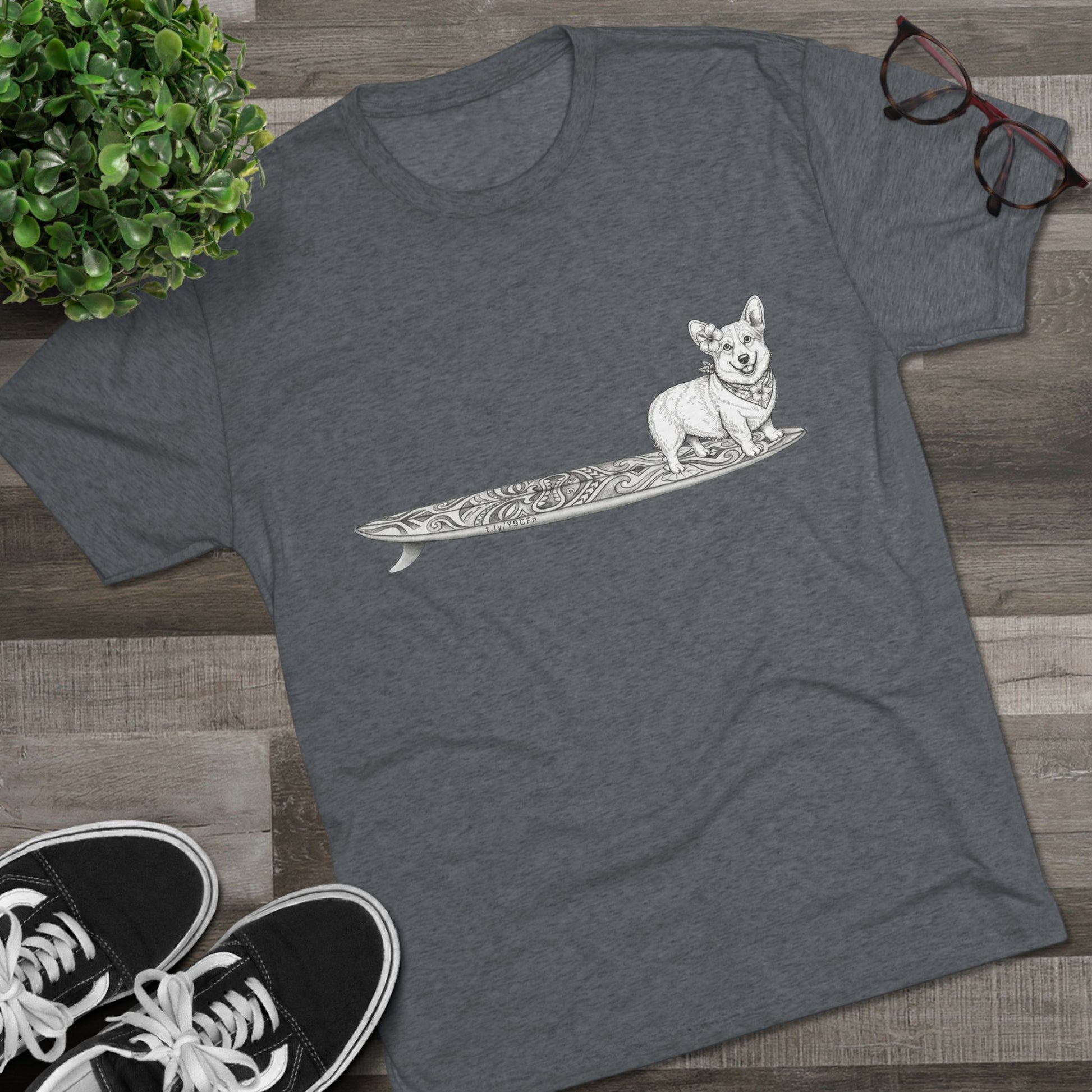 Dark heather Corgi surf t-shirt with hibiscus bandana tiki surfboard design styled with Vans sneakers and sunglasses — The Swell Dogs