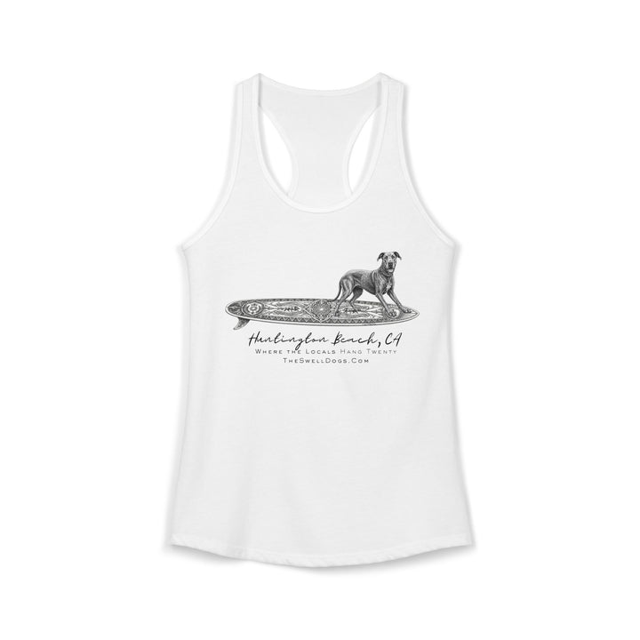 White racerback tank top featuring a Great Dane on a Keltic surfboard with "Huntington Beach, CA" text