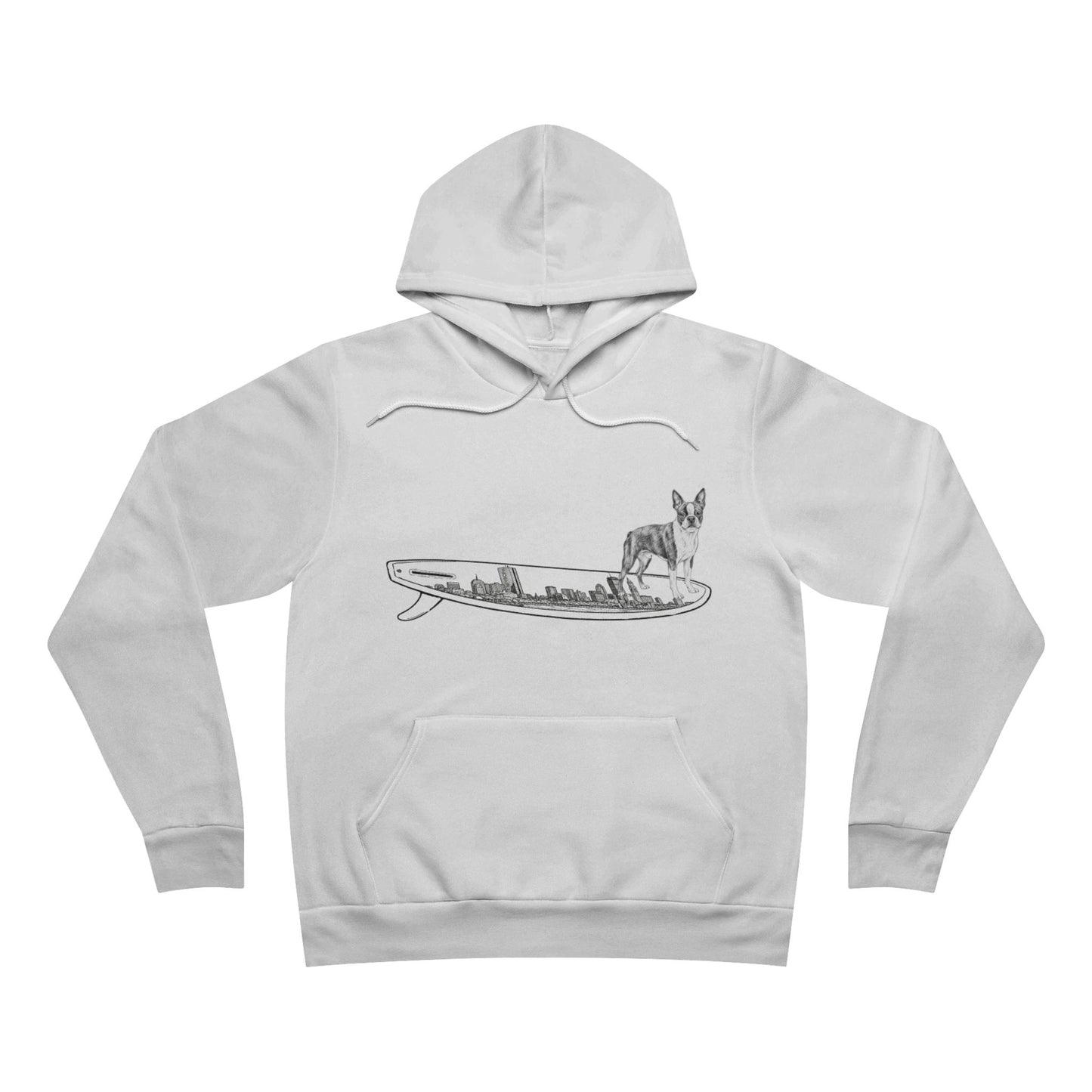 White hoodie with a graphic of a Boston Terrier dog on a Boston skyline surfboard. 