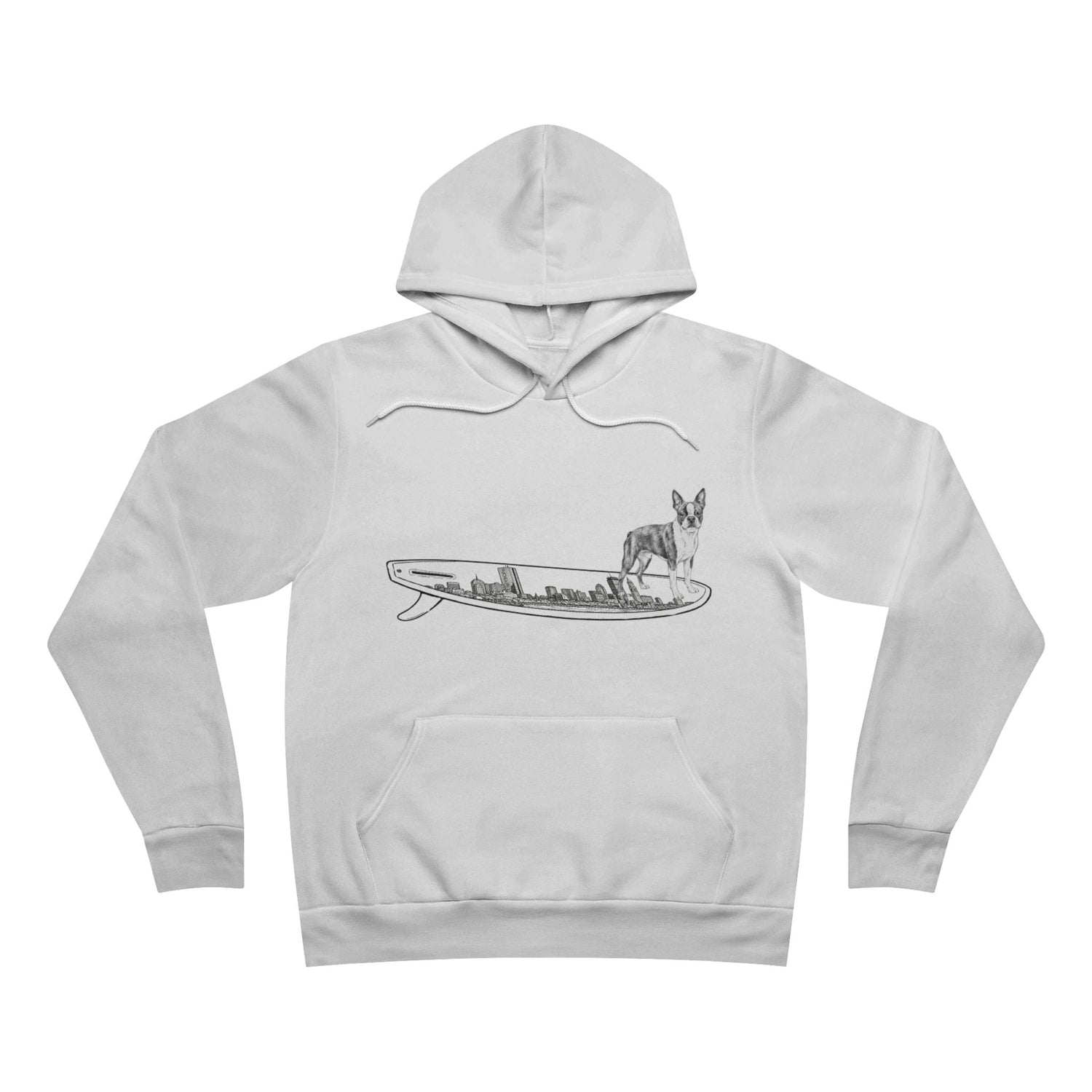 White hoodie with a graphic of a Boston Terrier dog on a Boston skyline surfboard. 