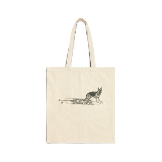 Beige tote bag with a German Shepherd dog on a service dog long surfboard.