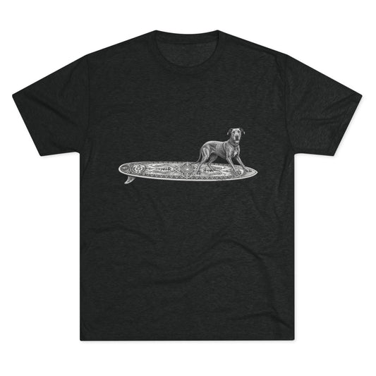 Black t-shirt with a Great Dane on a celtic knoit surfboard.  