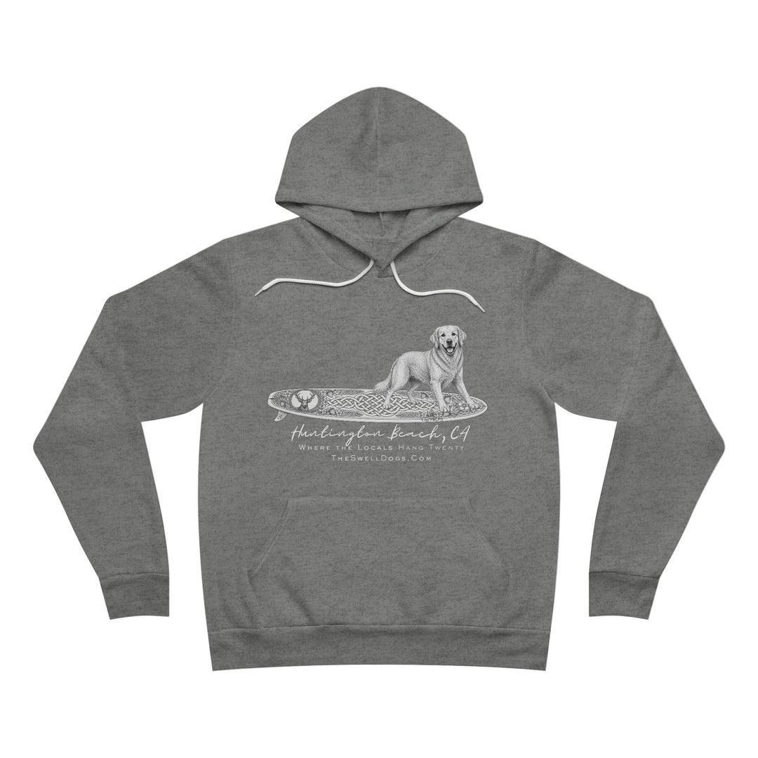 Grey pullover hoodie featuring a Golden Retriever dog standing on a Scottish surfboard with "Huntington Beach, CA" text