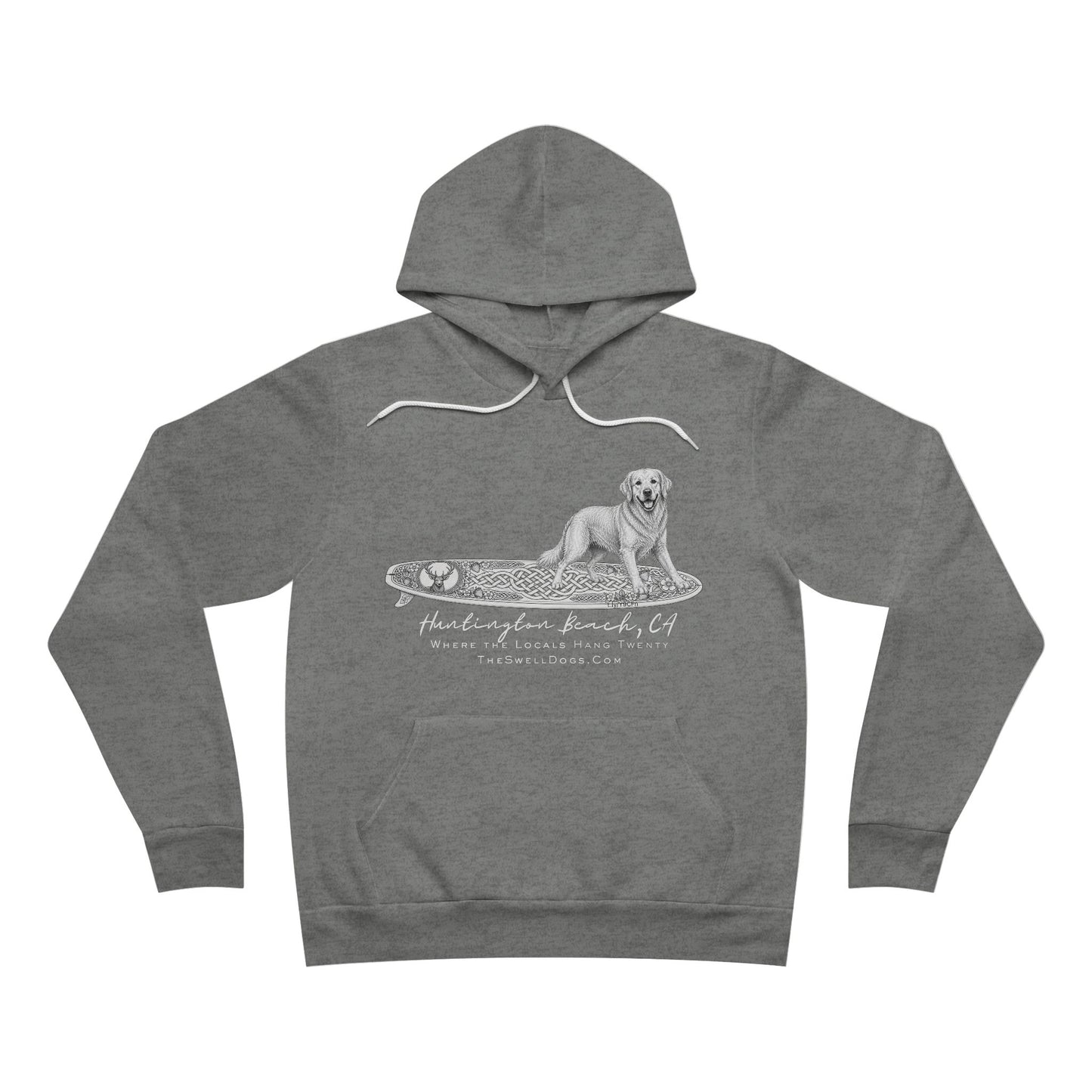 Grey pullover hoodie featuring a Golden Retriever dog standing on a Celtic surfboard with "Huntington Beach, CA" text