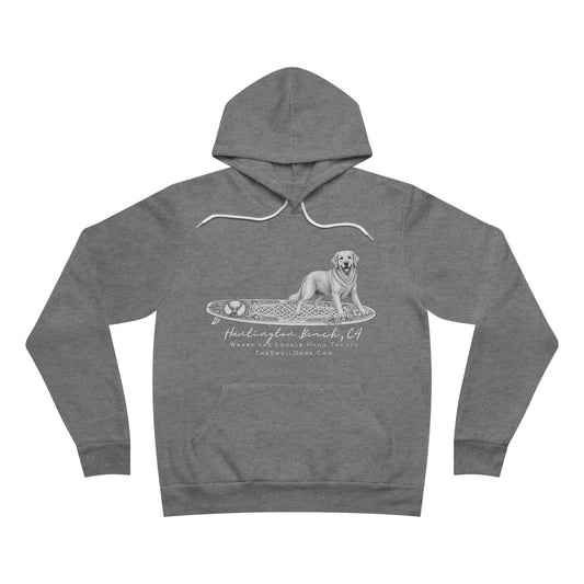 Grey pullover hoodie featuring a Golden Retriever dog standing on a Scottish surfboard with "Huntington Beach, CA" text