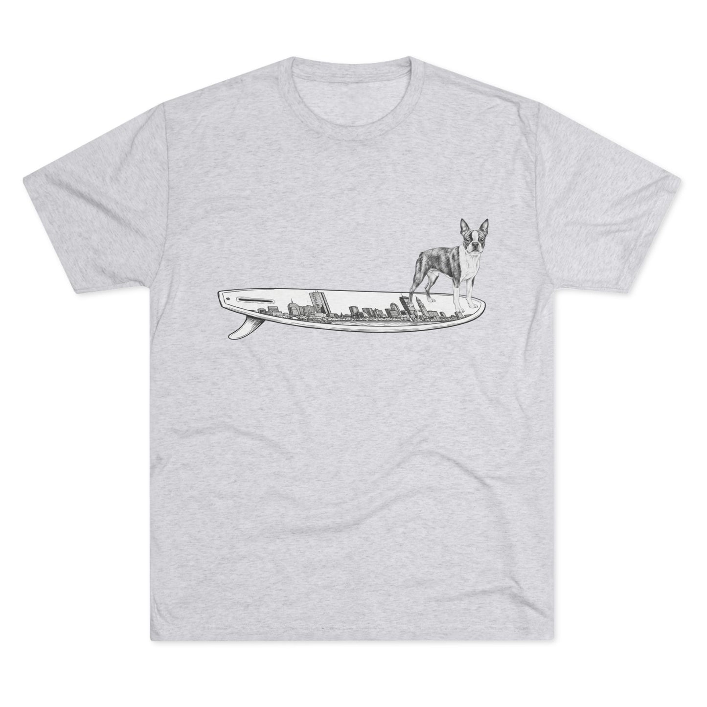 Boston Terrier surf graphic white tee — Buddy on the Boston Skyline surfboard — The Swell Dogs