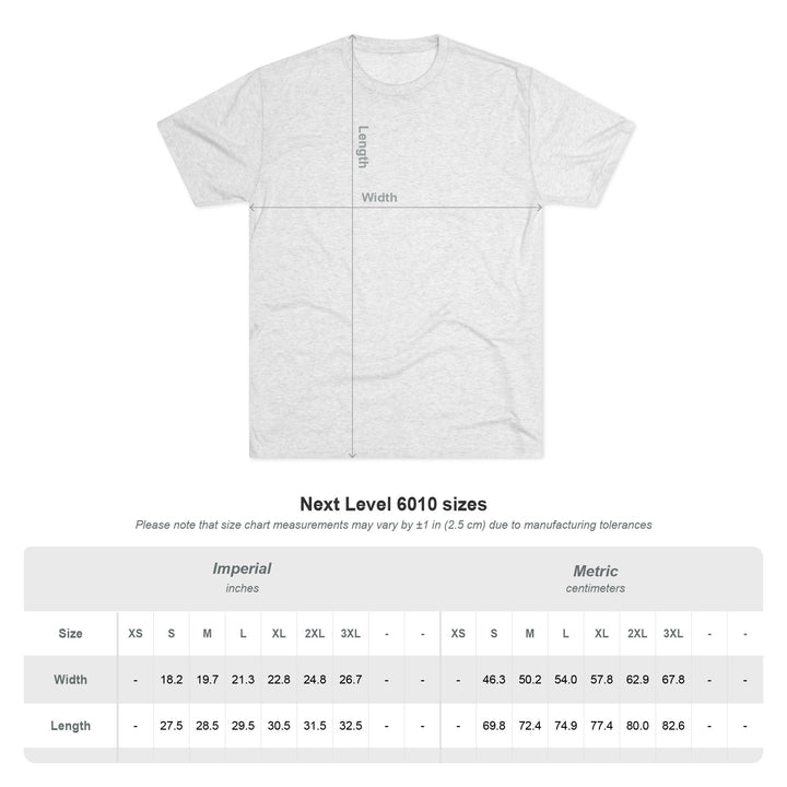 White t-shirt with size chart measurements on a white background