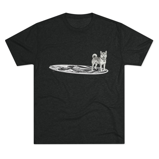 Black t-shirt with a Shiba Inu dog on a surfboard with a japanese wave and sun flag image on it.