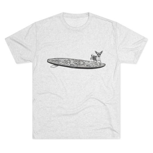 White tshirt with a Chihuahua on a Dia de los Muertos style longboard.