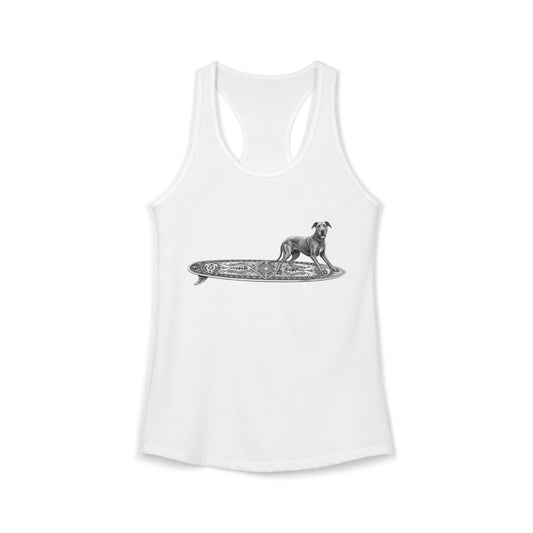 White racerback tank top with a Great Dane on a celtic knoit surfboard. 