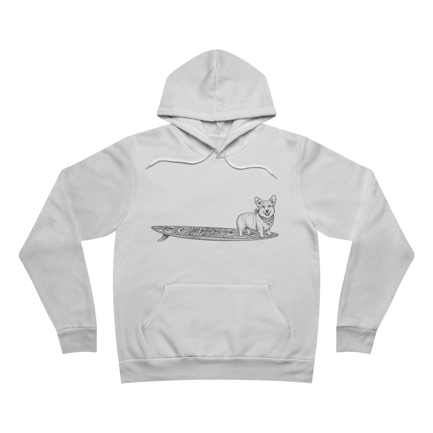 White hoodie with a graphic of a Corgi dog on a tiki surfboard with a hibiscus flower in its ear and a hibiscus bandana around its neck.
