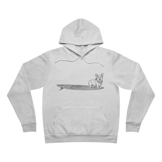 White hoodie with a graphic of a Corgi dog on a tiki surfboard with a hibiscus flower in its ear and a hibiscus bandana around its neck.