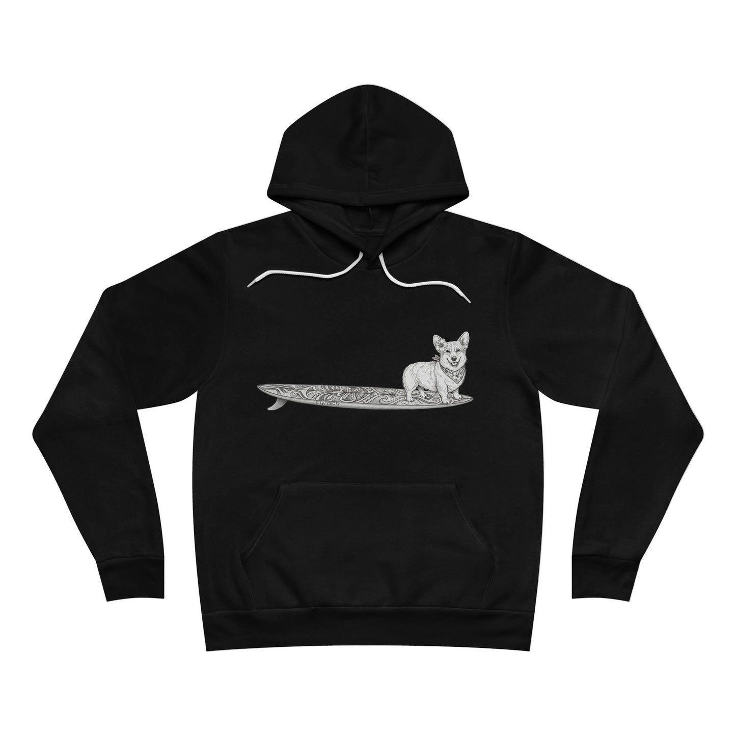 Black hoodie with a graphic of a Corgi dog on a tiki surfboard with a hibiscus flower in its ear and a hibiscus bandana around its neck.