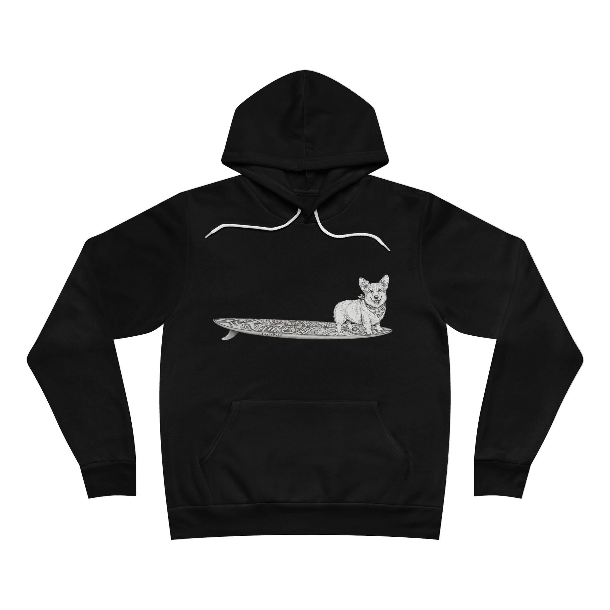 Black hoodie with a graphic of a Corgi dog on a tiki surfboard with a hibiscus flower in its ear and a hibiscus bandana around its neck.