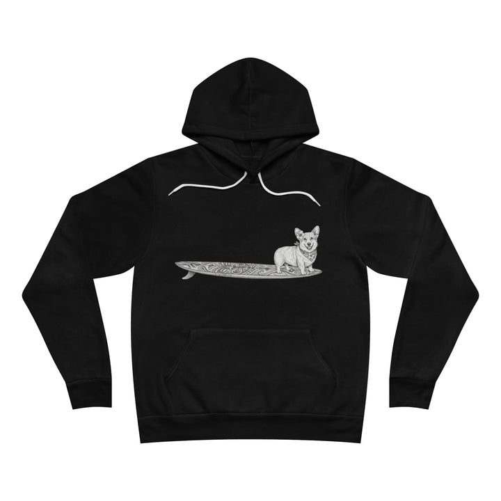 Black hoodie with a graphic of a Corgi dog on a tiki surfboard with a hibiscus flower in its ear and a hibiscus bandana around its neck.