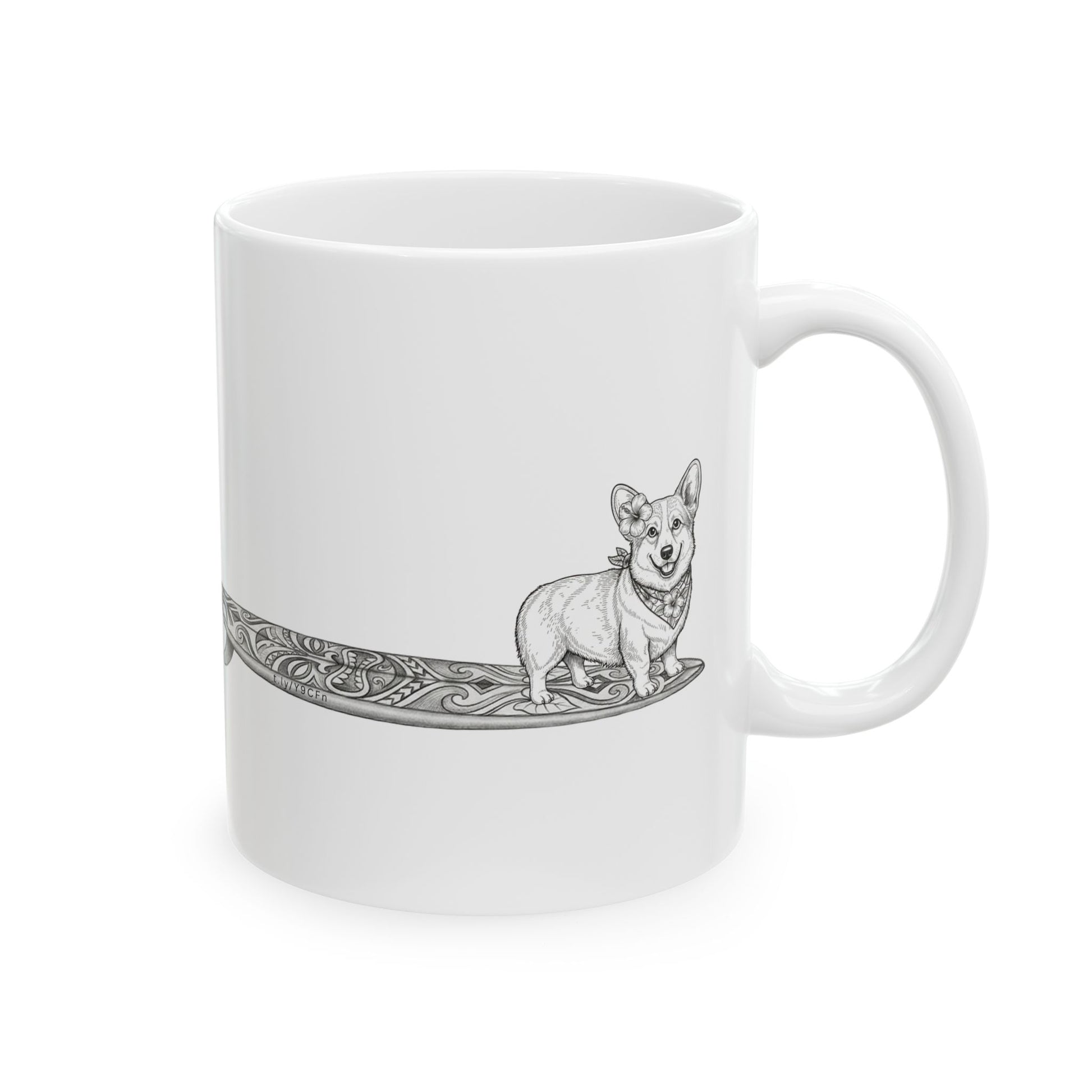 White ceramic mug with vintage Corgi wearing hibiscus bandana and hibiscus in her ear on a tiki surfboard line drawing — The Swell Dogs