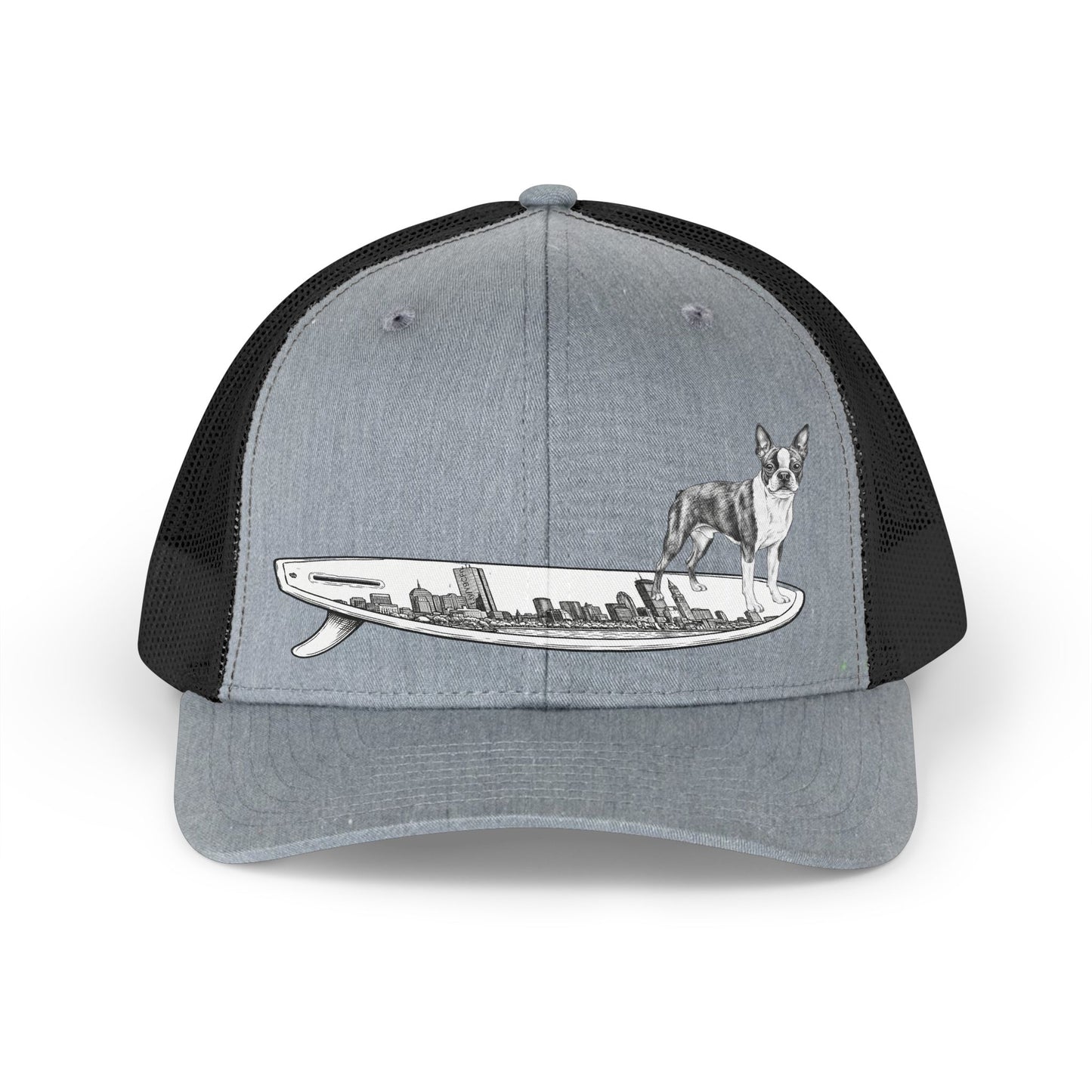 Boston Terrier hat — surf style cap — Boston Skyline board design — The Swell Dogs