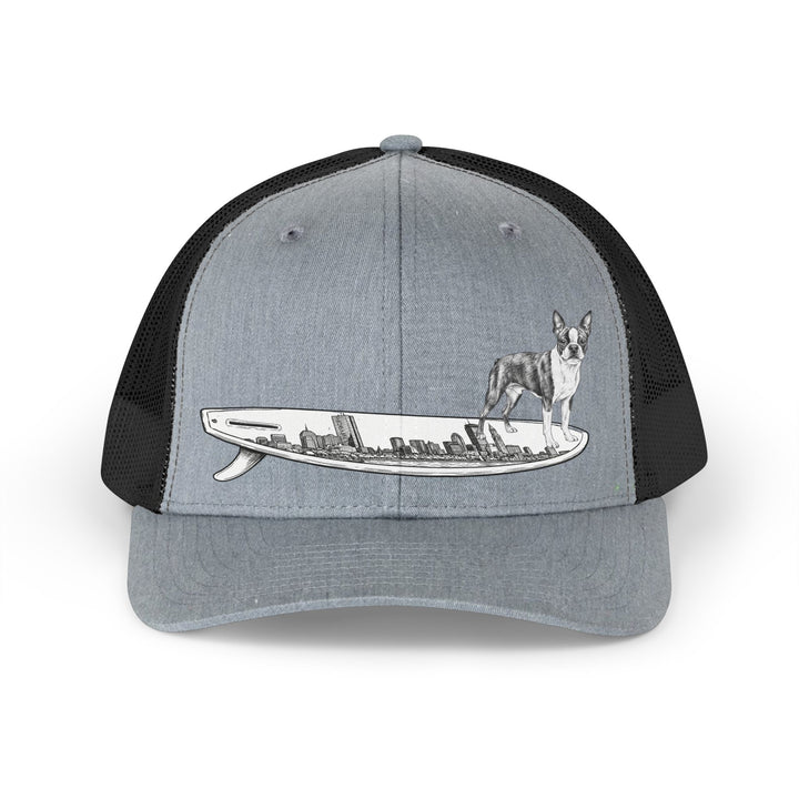 Boston Terrier hat — surf style cap — Boston Skyline board design — The Swell Dogs