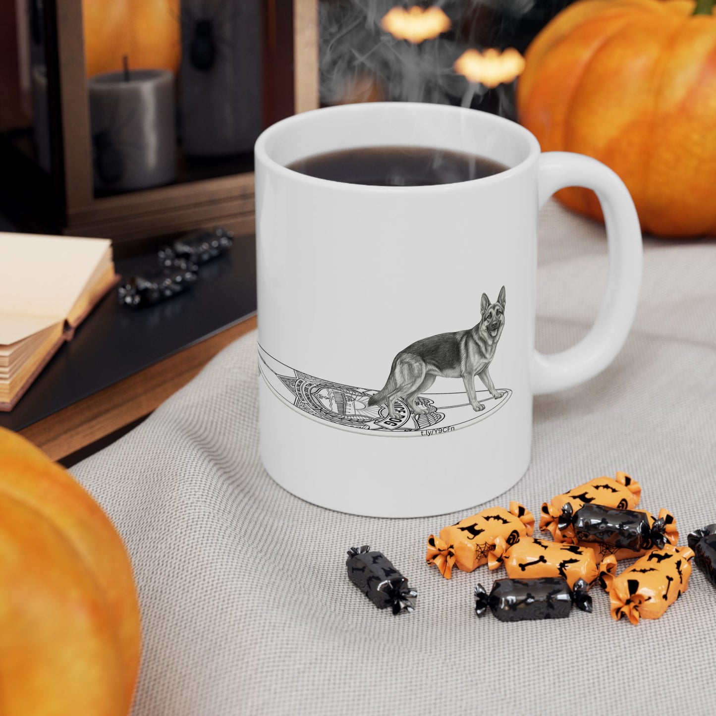 White mug with a erman Shepherd dog on a service dog long surfboard.