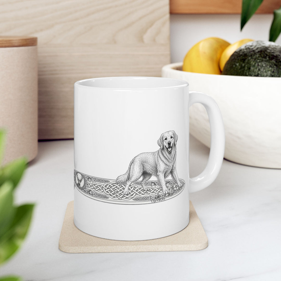 White mug with a Golden Retriever riding a long surfboard with keltic knots and embellishments.