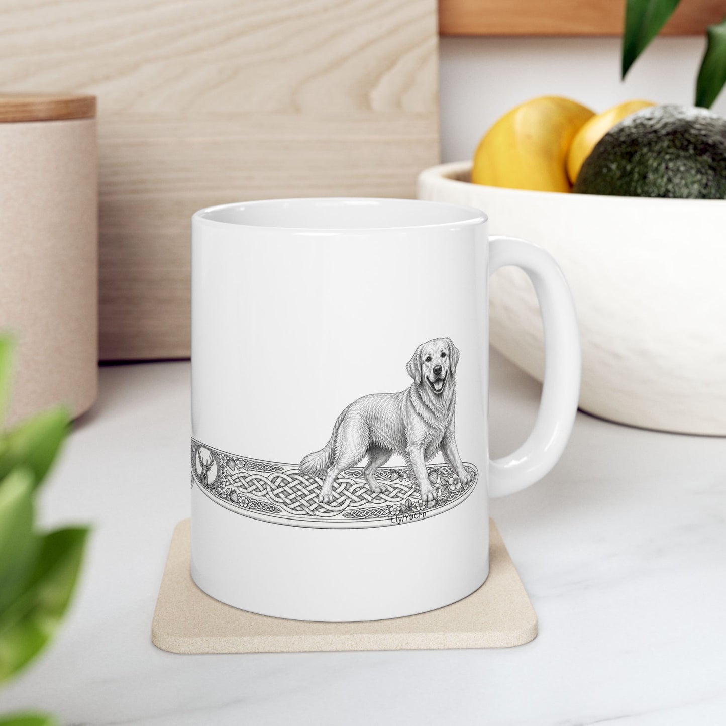 White mug with a Golden Retriever riding a long surfboard with keltic knots and embellishments.