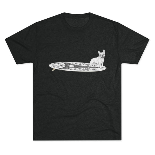 Gray t-shirt with a French Bulldog on an Eiffel Tower surfboard.