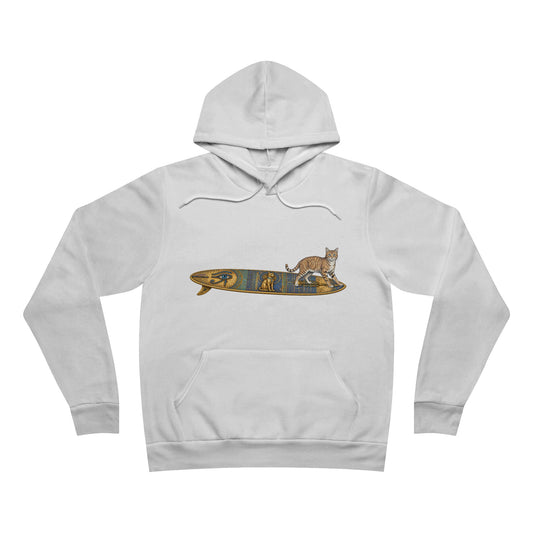 White hoodie with a graphic of a Tabby Cat on an Egyptian surfboard. 