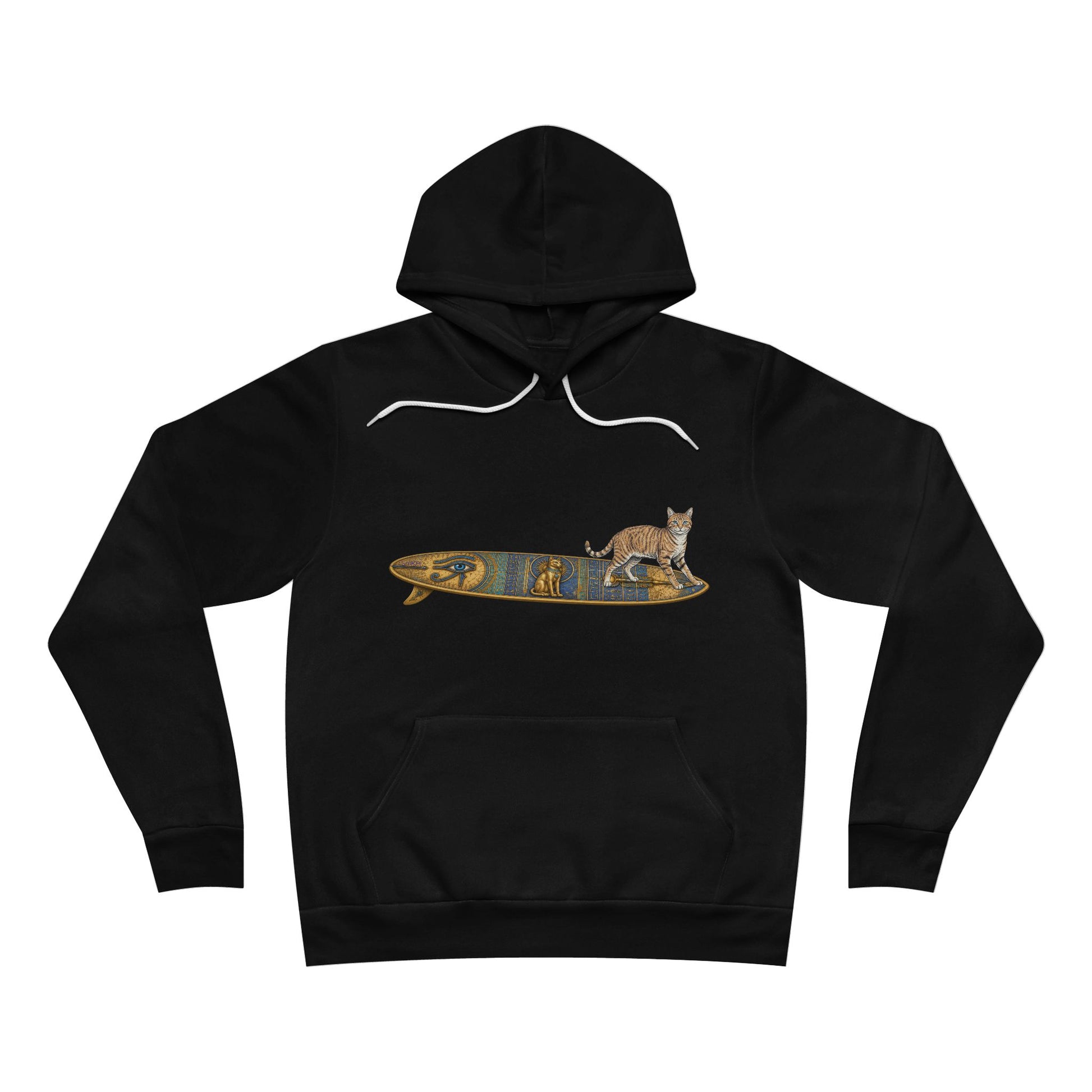 Black hoodie with a graphic of a Tabby Cat on an Egyptian surfboard. 