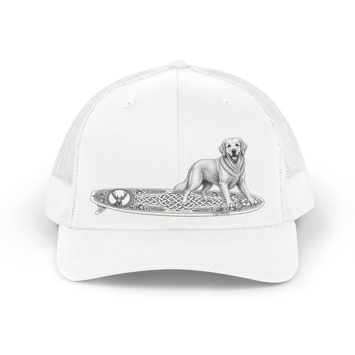 White trucker hat with a Golden Retriever riding a long surfboard with keltic knots and embellishments.