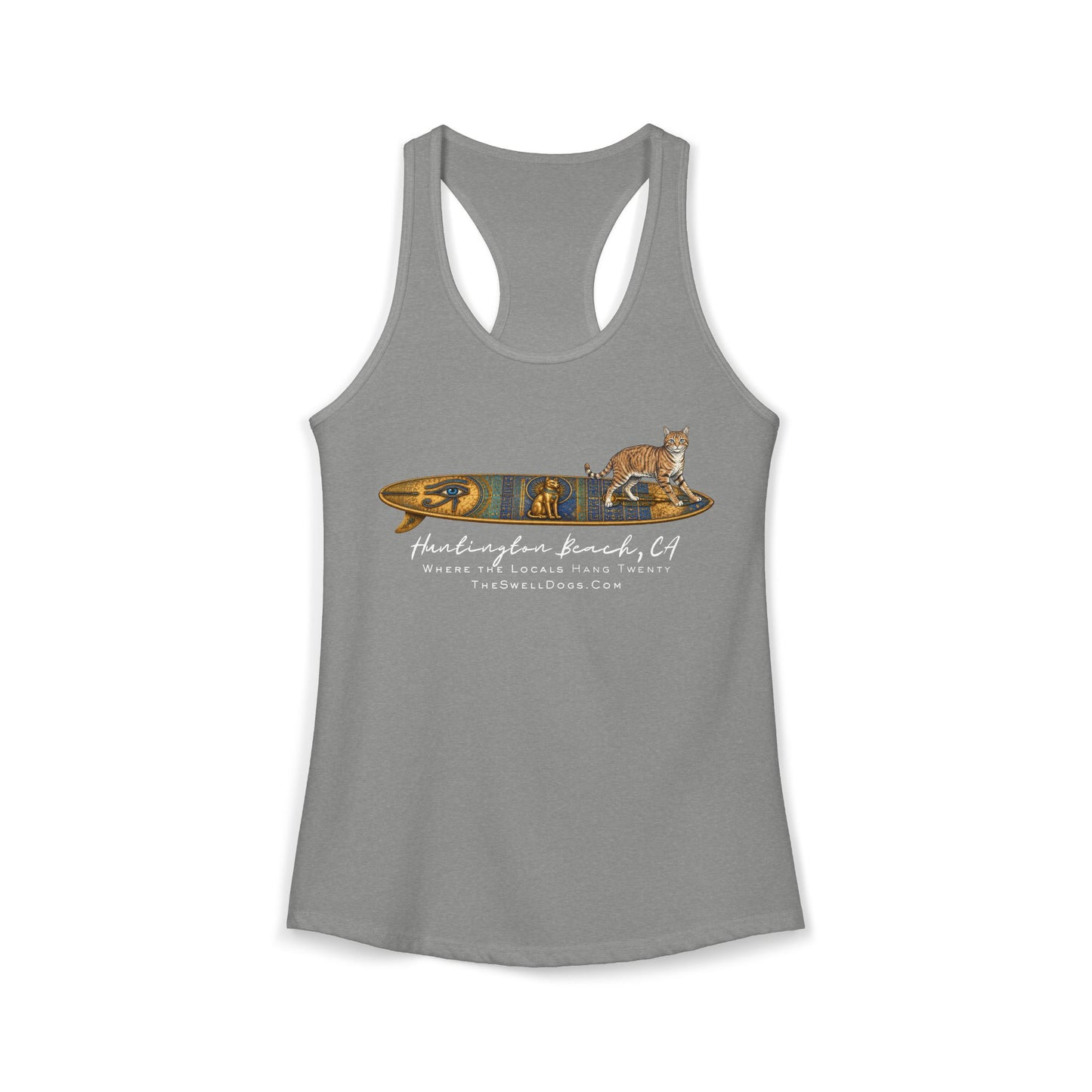 Grey racerback tank top featuring a tabby cat standing on an Egyptian surfboard with "Huntington Beach, CA" text