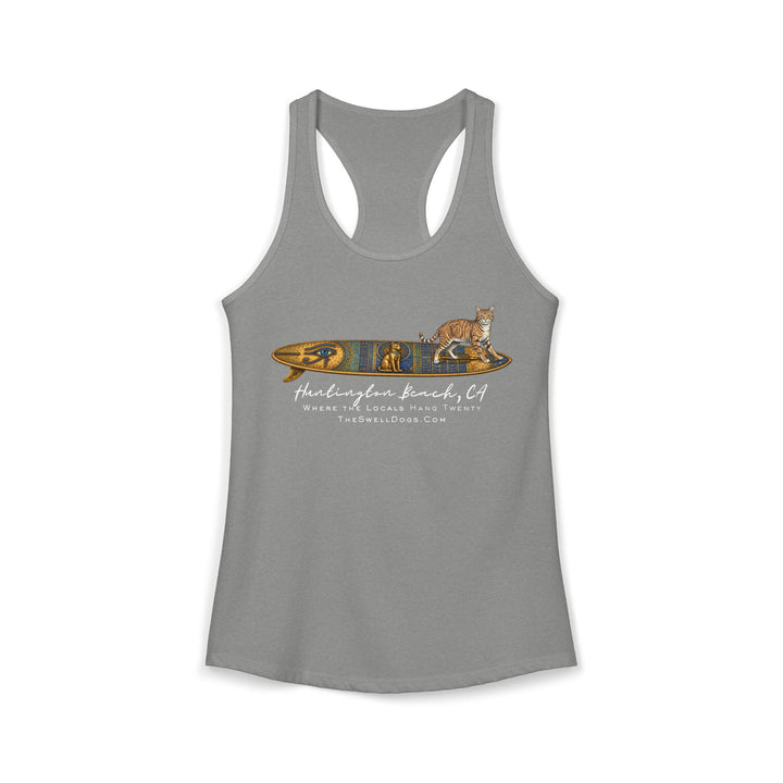 Grey racerback tank top featuring a tabby cat standing on an Egyptian surfboard with "Huntington Beach, CA" text