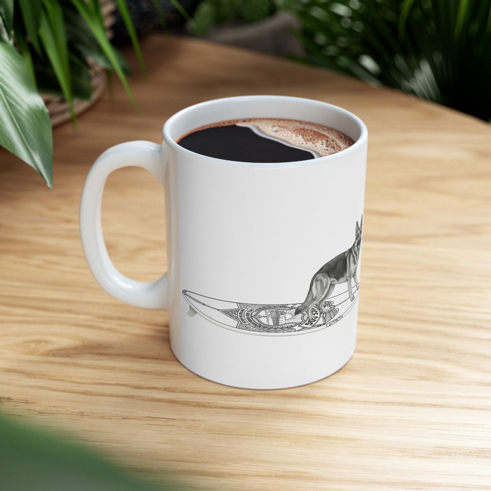 White mug with a erman Shepherd dog on a service dog long surfboard.
