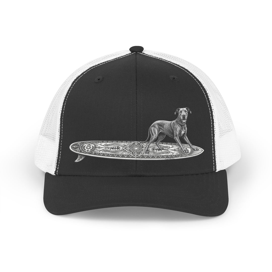 Black and white trucker hat with a Great Dane on a longboard with wild boar crests and suns on it.