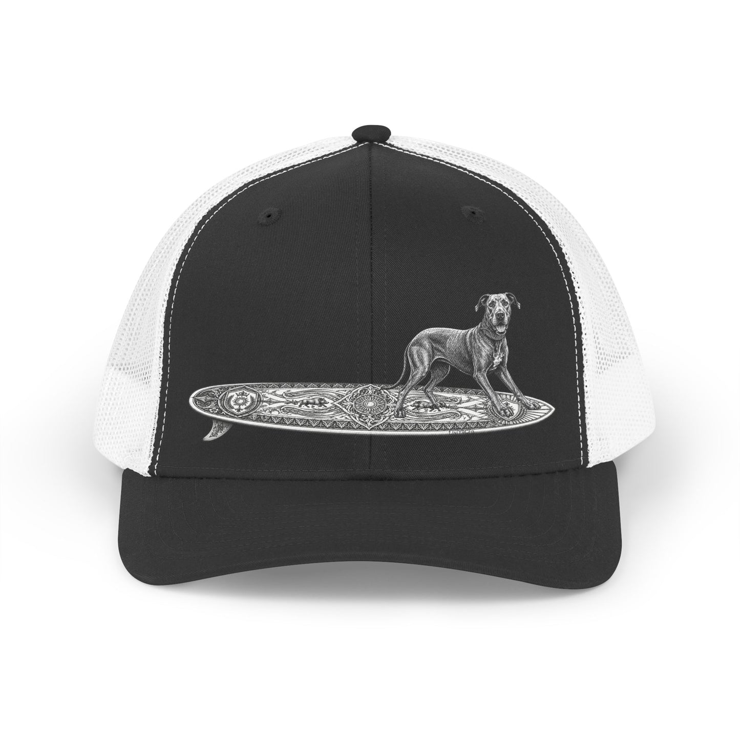 Black and white trucker hat with a Great Dane on a longboard with wild boar crests and suns on it.