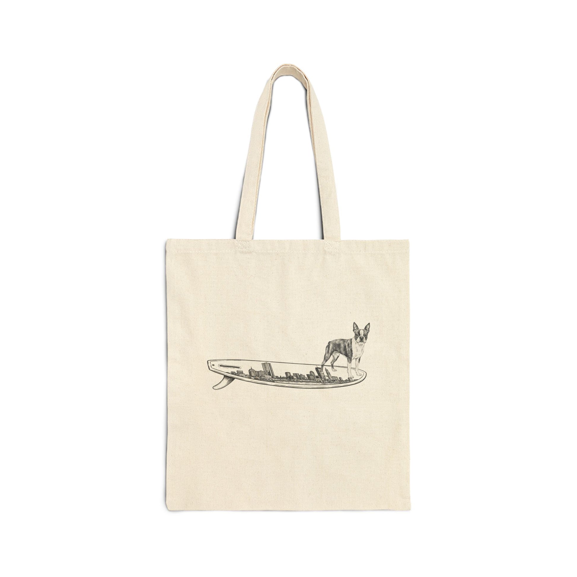 Boston Terrier beige canvas beach tote — Buddy on the Boston Skyline surfboard — The Swell Dogs